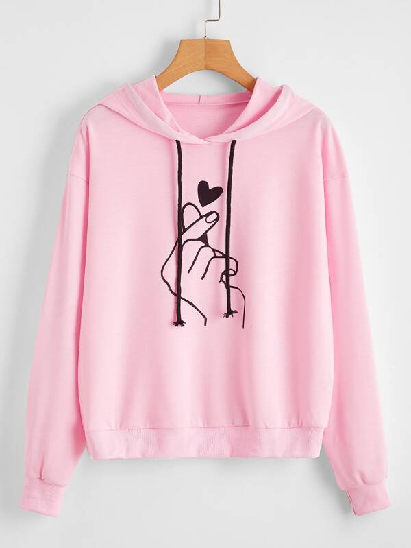 Gesture And Heart Print Drawstring Hoodie - LuckyFash™