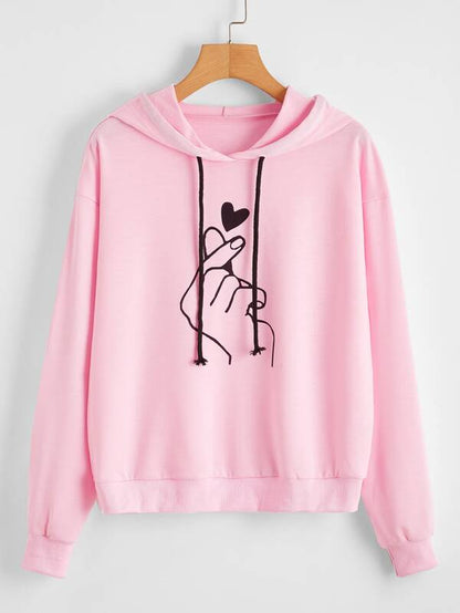 Gesture And Heart Print Drawstring Hoodie - LuckyFash™