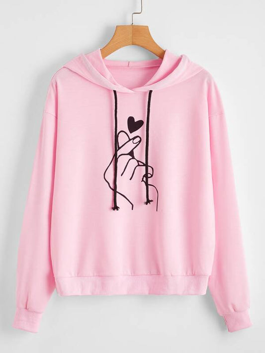 Gesture And Heart Print Drawstring Hoodie - LuckyFash™