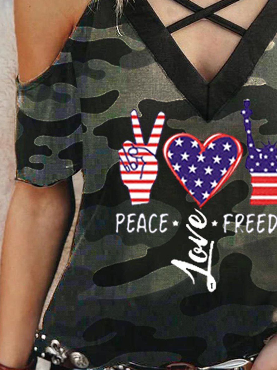 Gesture Love Stars and Stripes Print Strap V-neck Cross T-shirt - LuckyFash™