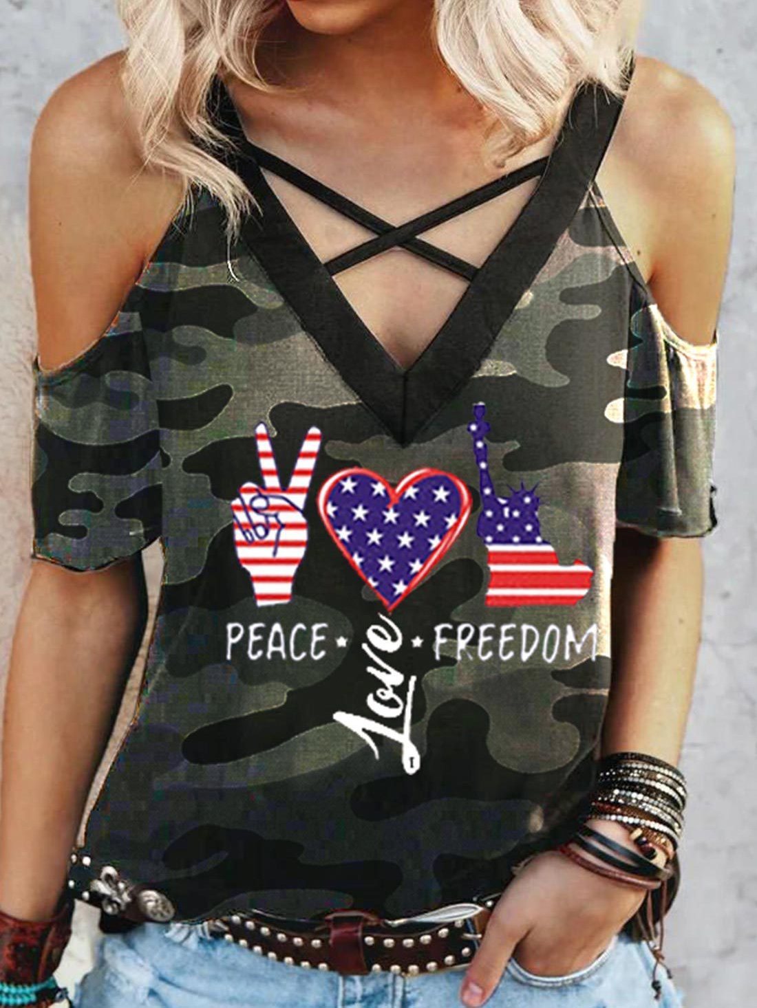 Gesture Love Stars and Stripes Print Strap V-neck Cross T-shirt - LuckyFash™