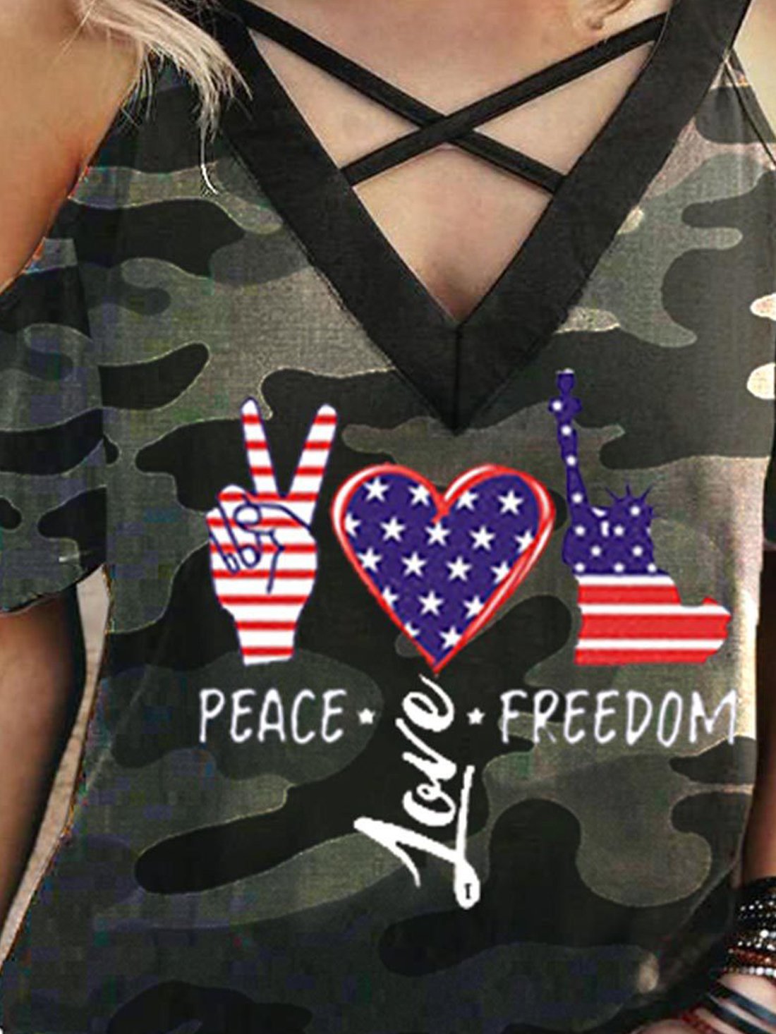 Gesture Love Stars and Stripes Print Strap V-neck Cross T-shirt - LuckyFash™