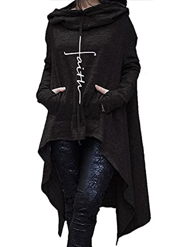 women's faith hoodie sweatshirt irregular hem midi long hooded pullover casual loose sweater tracksuit black - LuckyFash™