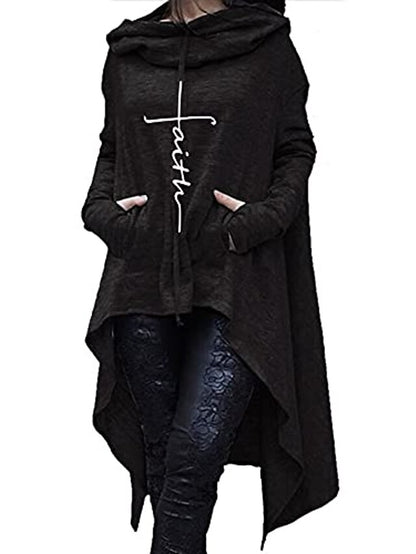 women's faith hoodie sweatshirt irregular hem midi long hooded pullover casual loose sweater tracksuit black - LuckyFash™
