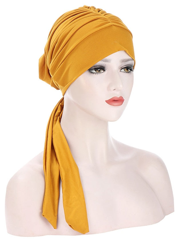 Muslim Women Stretch Solid Wrinkle Turban Hat Cancer Chemo Beanies Caps Pre-Tied Scarf Headwear Headwrap Simple Hair Accessories - LuckyFash™