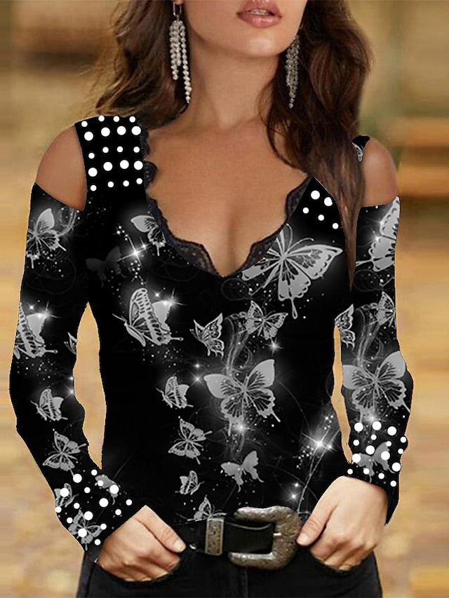 Women's Going Out Tops Blouse Blue Purple Fuchsia Graphic Butterfly Cold Shoulder Print Long Sleeve Casual Weekend Basic V Neck Regular S - LuckyFash™