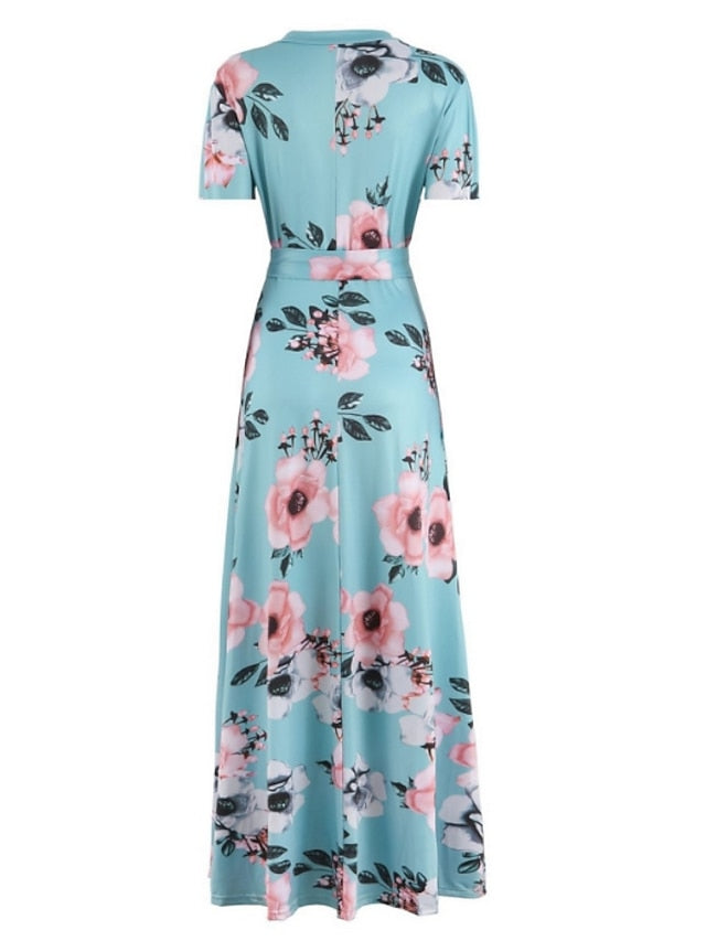 Women's Floral Casual Dress Swing Dress Floral Dress Long Dress Maxi Dress Black Navy Blue Light Blue Short Sleeve Lace up Spring Summer Turtleneck Hot Slim 2023 S M L XL XXL 3XL 4XL 5XL - LuckyFash™