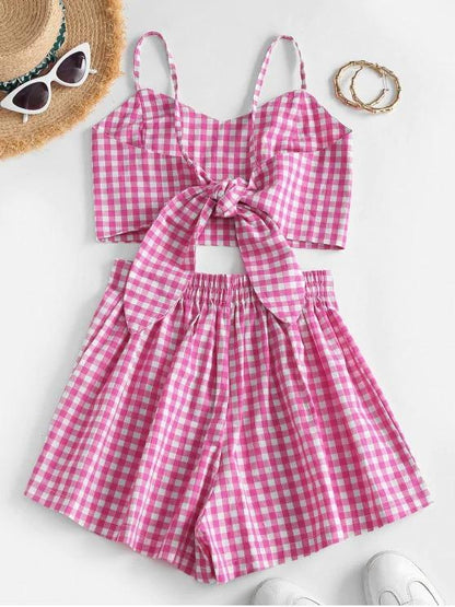 Gingham Back Knot Co Ord Set - LuckyFash™