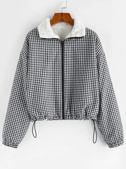 Gingham Drop Shoulder Faux Fur Lining Coat - LuckyFash™