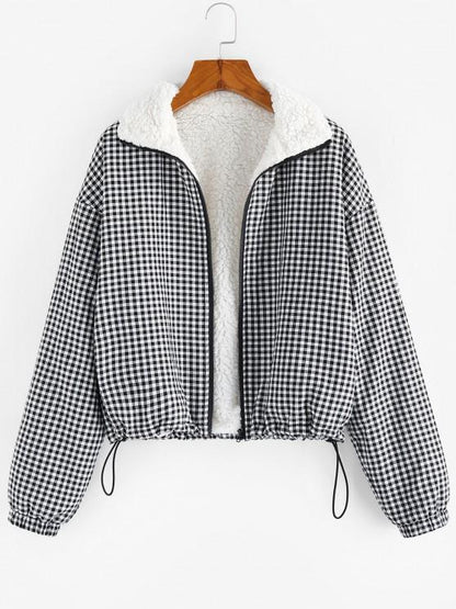 Gingham Drop Shoulder Faux Fur Lining Coat - LuckyFash™