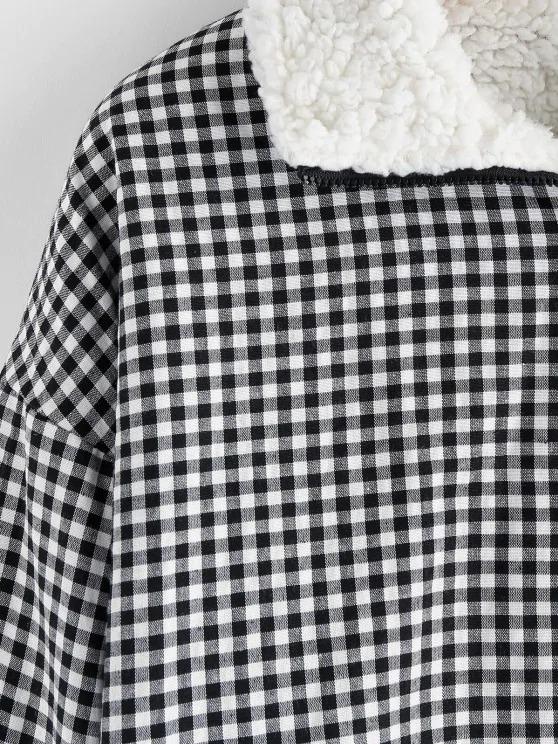 Gingham Drop Shoulder Faux Fur Lining Coat - LuckyFash™