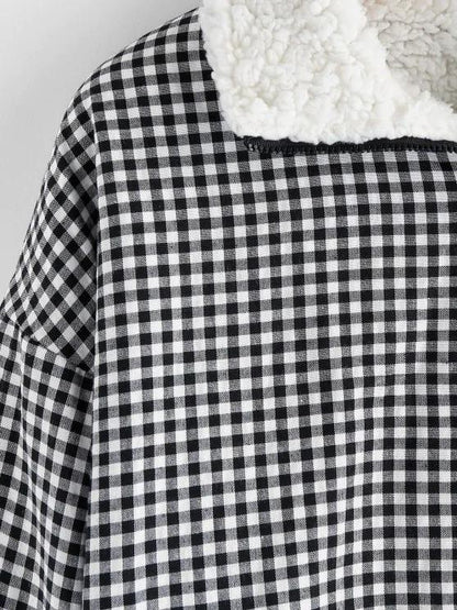 Gingham Drop Shoulder Faux Fur Lining Coat - LuckyFash™