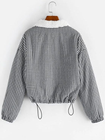 Gingham Drop Shoulder Faux Fur Lining Coat - LuckyFash™
