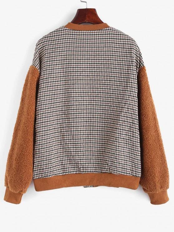 Gingham Faux Shearling Teddy Baseball Jacket - LuckyFash™