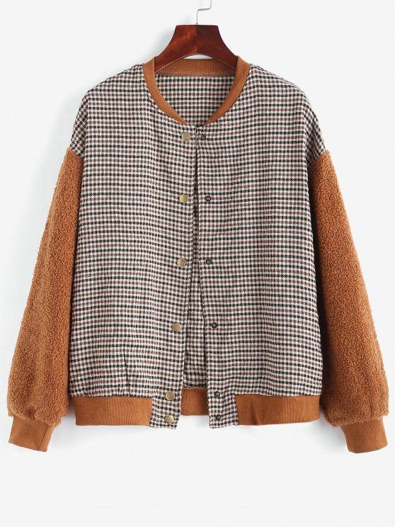 Gingham Faux Shearling Teddy Baseball Jacket - LuckyFash™