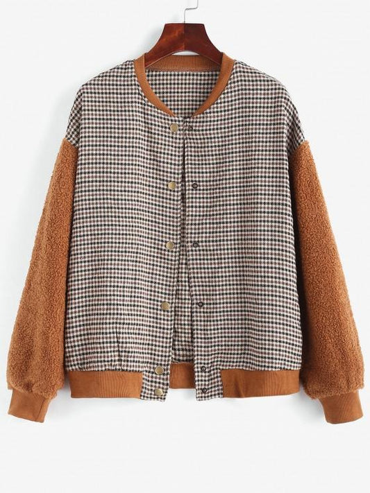 Gingham Faux Shearling Teddy Baseball Jacket - LuckyFash™