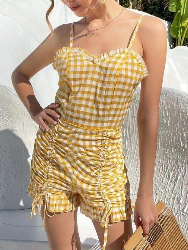 Gingham Frill Trim Drawstring Cami Romper - LuckyFash™