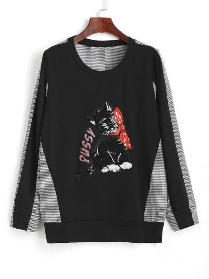 Gingham Sequined Cat Ribbed Sweatshirt - LuckyFash™