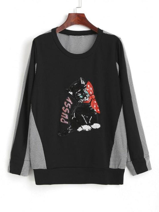 Gingham Sequined Cat Ribbed Sweatshirt - LuckyFash™