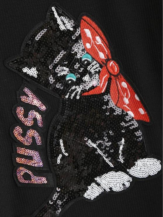 Gingham Sequined Cat Ribbed Sweatshirt - LuckyFash™