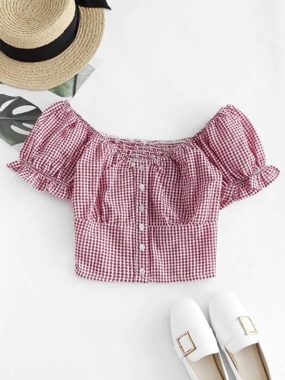 Gingham Smocked Button Up Ruffle Crop Blouse - LuckyFash™