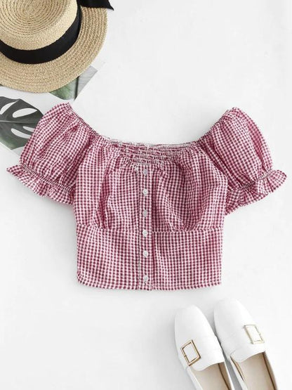 Gingham Smocked Button Up Ruffle Crop Blouse - LuckyFash™