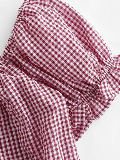 Gingham Smocked Button Up Ruffle Crop Blouse - LuckyFash™