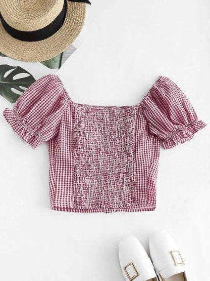 Gingham Smocked Button Up Ruffle Crop Blouse - LuckyFash™