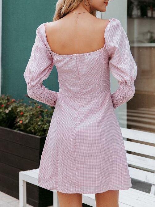Gingham Tie Front Gigot Sleeve Dress - LuckyFash™