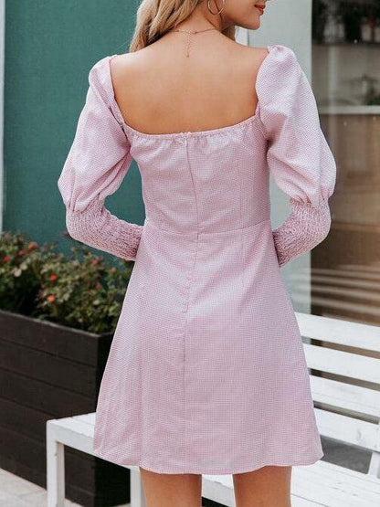 Gingham Tie Front Gigot Sleeve Dress - LuckyFash™