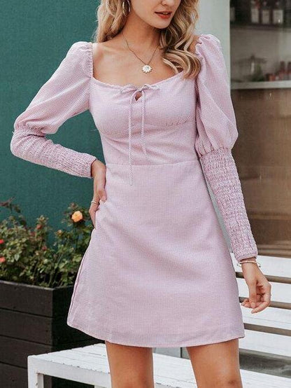 Gingham Tie Front Gigot Sleeve Dress - LuckyFash™