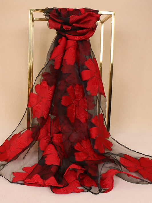 Women's Chiffon Scarf Party Red Scarf Floral   Elegant & Luxurious Wedding Casual Green Fall Winter - LuckyFash™