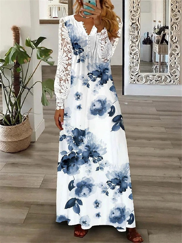 Women's Floral Lace Pleated Dresses Long Dress Maxi Dress A Line Dress Print Dress SpringÂ Dress Floral Butterfly Fashion Holiday Date Weekend Long Sleeve V Neck Dress White Red Blue Summer Spring - LuckyFash™