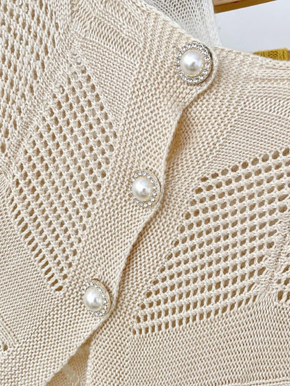 Solid Color Knitted Hollow Shawl Women's Summer Air-conditioned Elegant Vest with Pearl Button Womens Cape Sunscreen Fake Collar - LuckyFash™