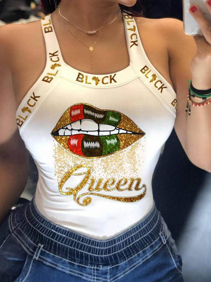Glittering Lip Queen Print U-neck Tank Top - LuckyFash™