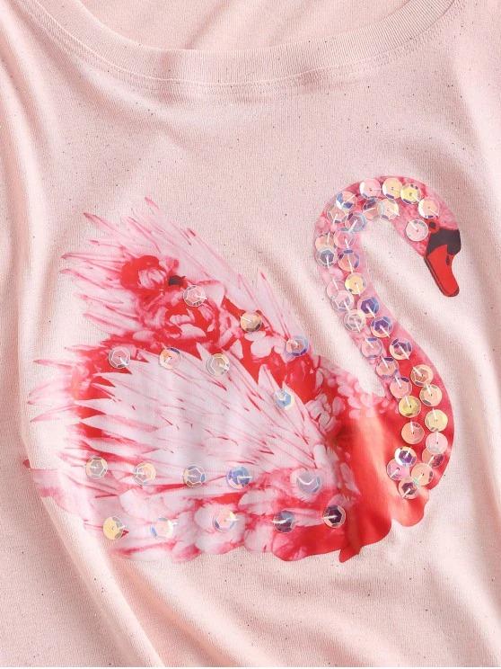 Glittery Sequined Swan Print Tee - LuckyFash™