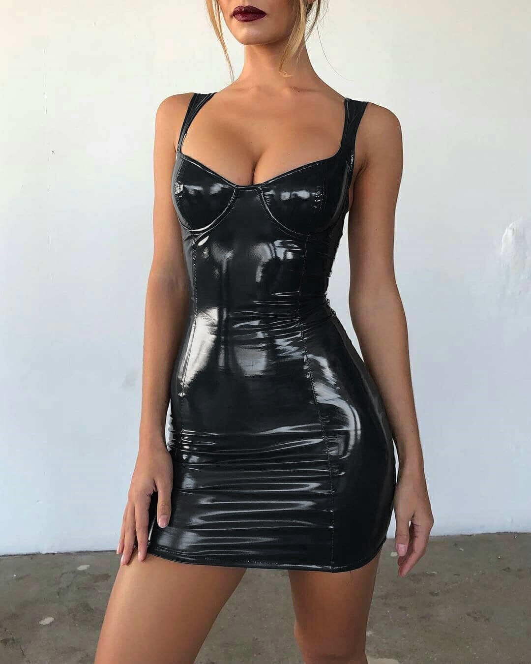 Glossy Wrapped Chest Strap Waist Leather Dress - LuckyFash™