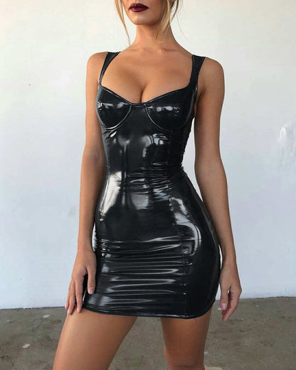 Glossy Wrapped Chest Strap Waist Leather Dress - LuckyFash™