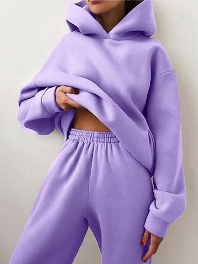 Hoodie 2 Piece Solid / Plain Color Sports Regular Winter Creamy-white ArmyGreen Big red Purple Pink for Women - LuckyFash™