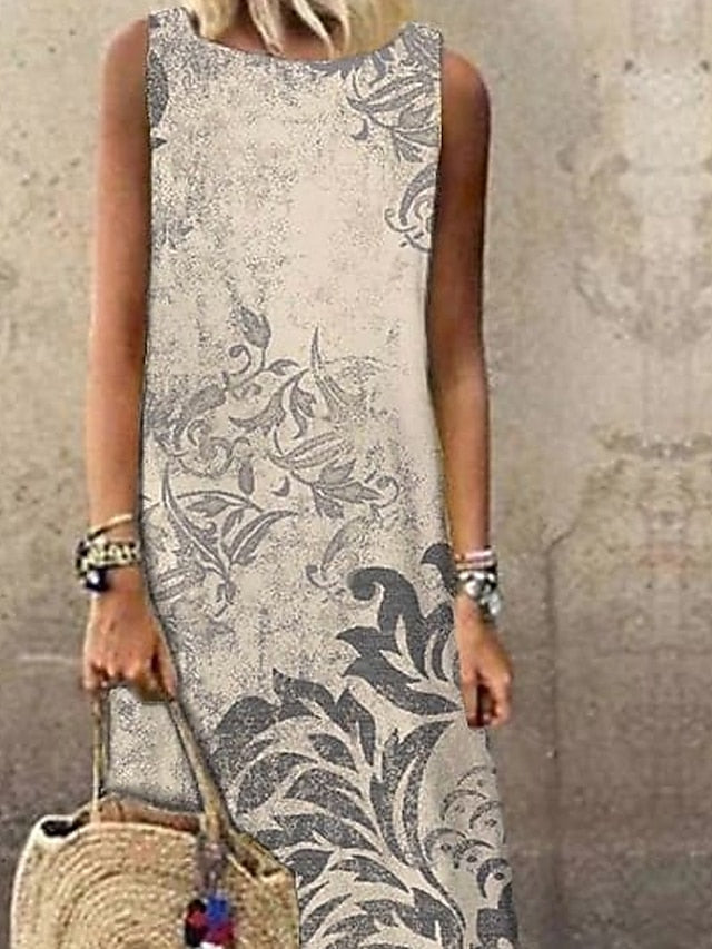 Women's Floral Shift Dress Long Dress Maxi Dress Beige Sleeveless Print Spring Summer Crew Neck 2023 S M L XL XXL 3XL - LuckyFash™