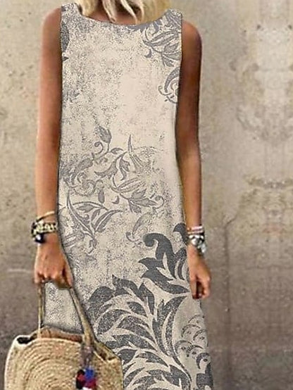 Women's Floral Shift Dress Long Dress Maxi Dress Beige Sleeveless Print Spring Summer Crew Neck 2023 S M L XL XXL 3XL - LuckyFash™