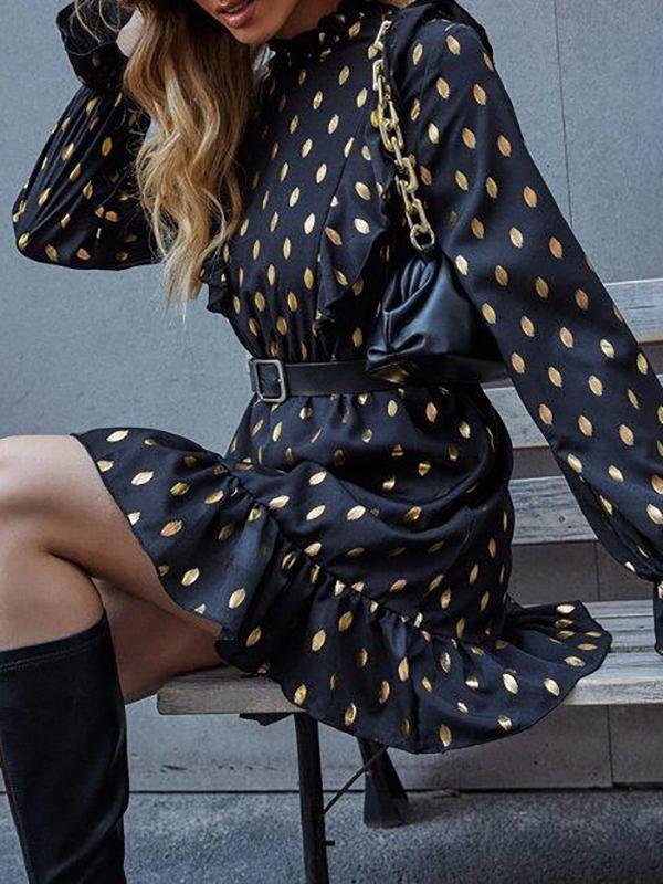 Gold Dot Ruffle A-line Dress Without Belted - LuckyFash™