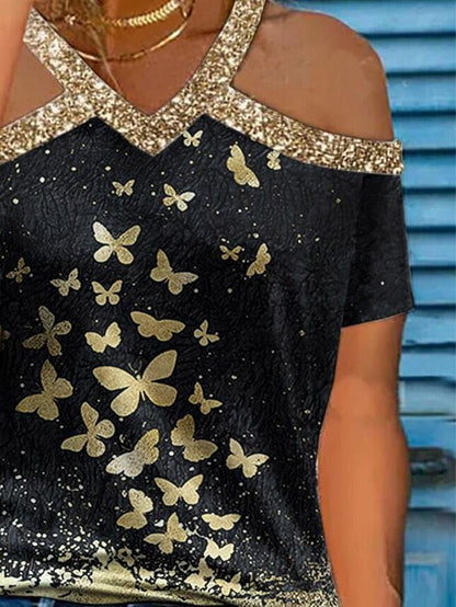 Gold Shoulder Strap V-Neck Off Shoulder Butterfly Print T-Shirts - LuckyFash™