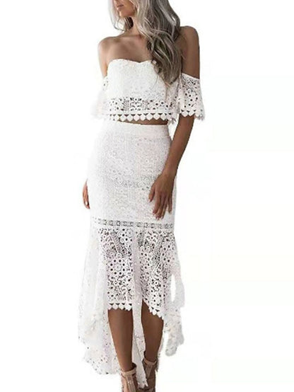 Women's Lace Dress Dress Set Two Piece Dress Long Dress Maxi Dress White Wine Dark Blue Short Sleeve Pure Color Lace Spring Summer Strapless Stylish Weekend Slim 2023 S M L XL - LuckyFash™