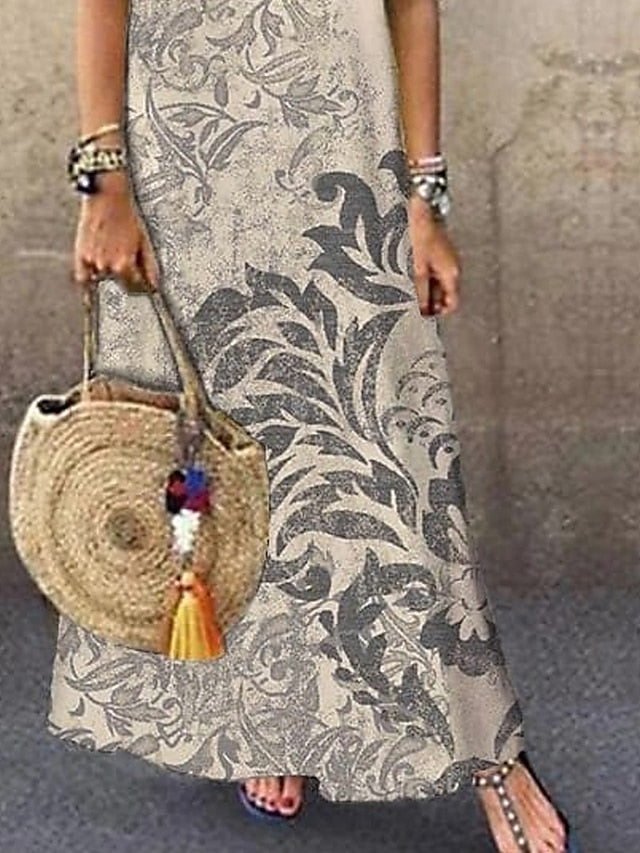 Women's Floral Shift Dress Long Dress Maxi Dress Beige Sleeveless Print Spring Summer Crew Neck 2023 S M L XL XXL 3XL - LuckyFash™