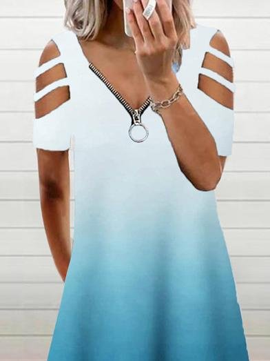 Gradient Casual Short Sleeve Zipper V-neck Dress - LuckyFash™