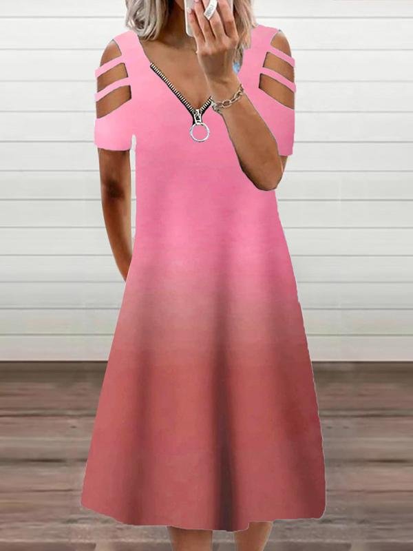 Gradient Casual Short Sleeve Zipper V-neck Dress - LuckyFash™