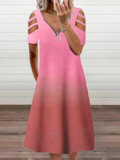 Gradient Casual Short Sleeve Zipper V-neck Dress - LuckyFash™