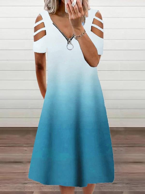 Gradient Casual Short Sleeve Zipper V-neck Dress - LuckyFash™