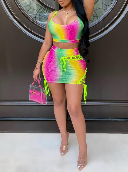 Gradient Color Crop Top & Eyelet Lace-up Skirt Set - LuckyFash™